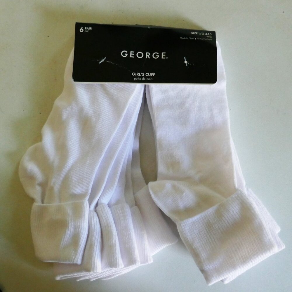 NWT 6 pairs George girls fashion folded ankle socks white size L 4-10